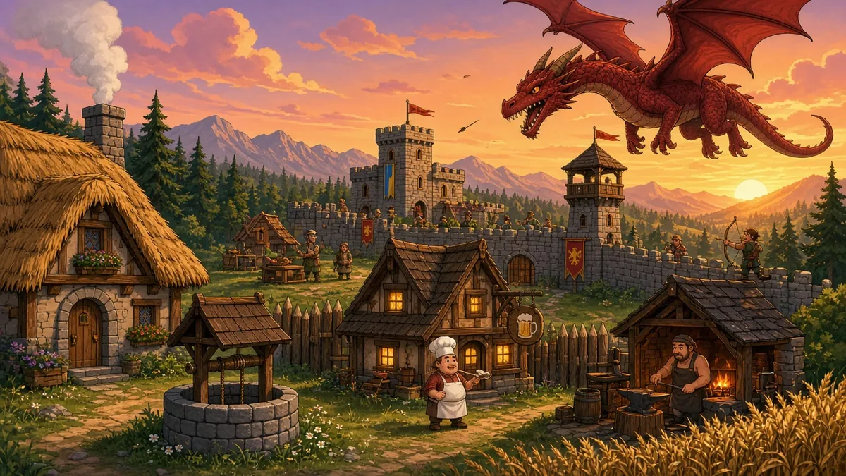 Oakhaven cover: a medieval village with a dragon flying overhead